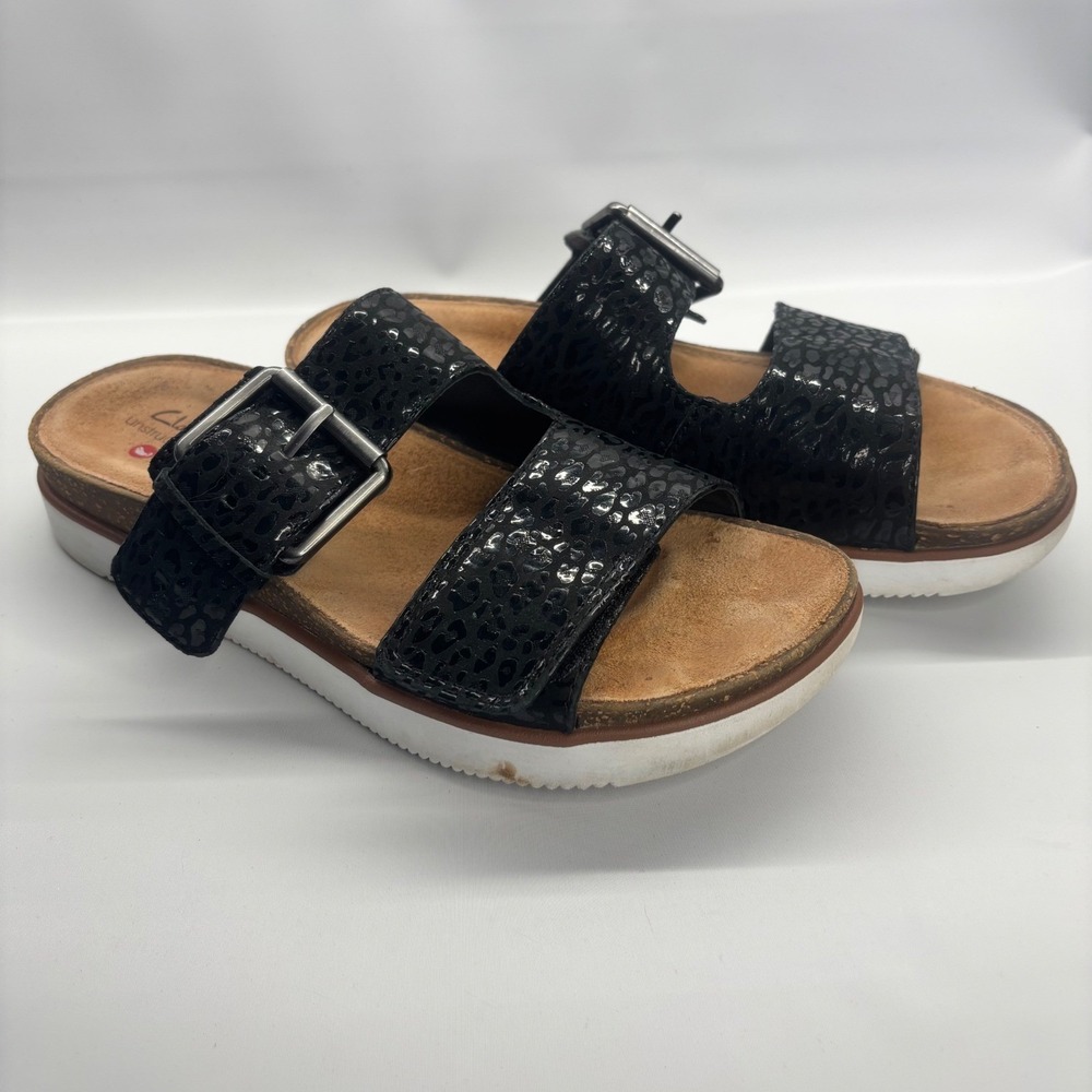 Clarks Black Patent Double Strap Slide Sandals